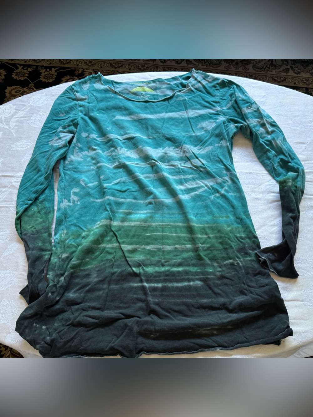 Earth Yoga Organic Cotton Long Sleeve Tee Ti Dye Turquoise, White  & Green